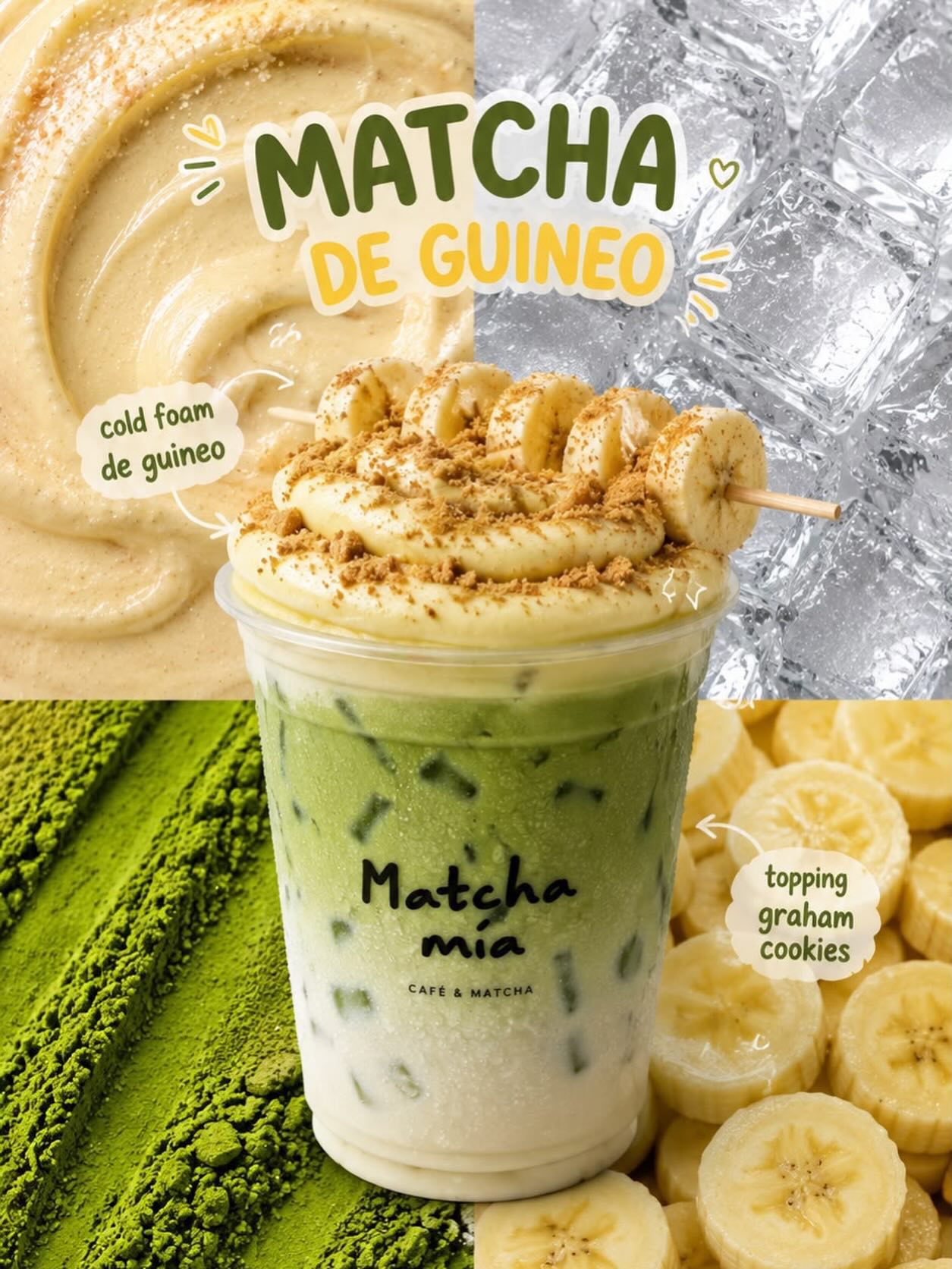 Matcha de guineo con cold foam y topping de graham cookies